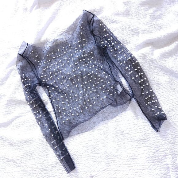 Women's Pearl Rhinestone See Through Long Sleeve Mesh Blouse Black - Picture 2 of 8